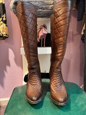 Quilted Brown Over-the-Knee Leather Boots